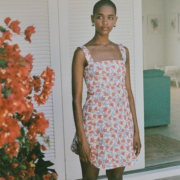 Cocoshop Bougainvillea Mini Babydoll Dress Red Floral 100% Cotton Resort SZ XL - Picture 2 of 8